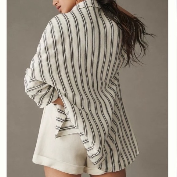 Pilcro Anthropologie Linen Blend Striped Double Breasted Blazer Jacket XS Cream - Picture 2 of 13